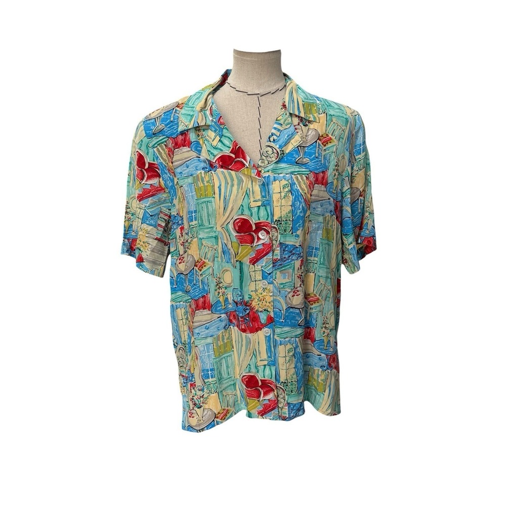 Vintage Ann May Silk Button Up Shirt Abstract Tropical Beach Art Print Sz Lg EUC